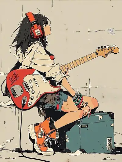 Ilustración anime de una adolescente tocando guitarra eléctrica