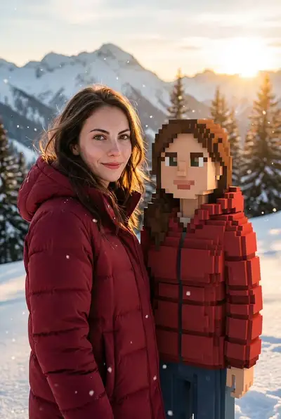 Photorealistic Person with Minecraft-Style Character in Snowy Landscape