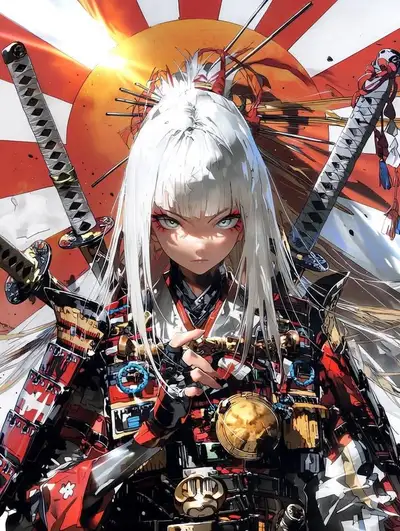 Fierce anime samurai girl warrior in futuristic feudal armor
