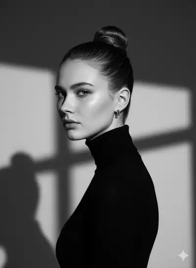 Retrato de estúdio em preto e branco com iluminação em feixes cruzados