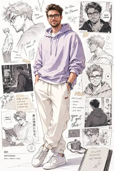 动漫风连帽衫肖像与手绘漫画拼贴背景，GPT Image 2