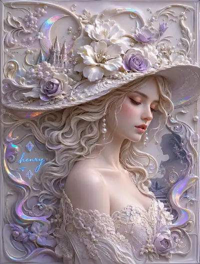 3D Relief Sculpture of Serene Woman with Floral Hat