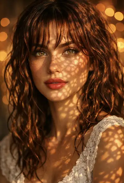 Retrato em close-up na hora dourada com sombras de renda no rosto
