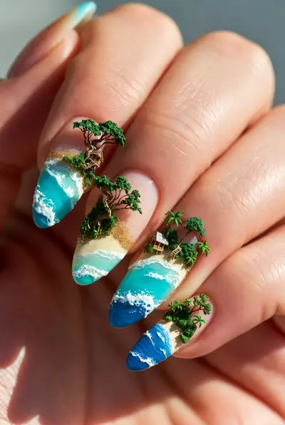 Tropical Island 3D Nail Art Close-Up