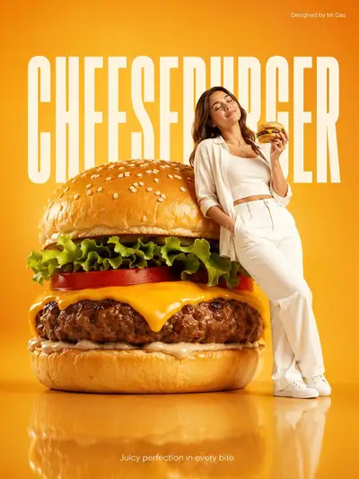 Prompt de anúncio comercial minimalista de cheeseburger gigante