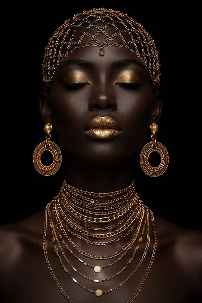 Luxury Gold Jewelry Beauty Portrait on Black Background