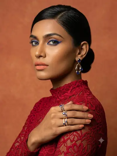 High-Fashion Studio Portrait with Red Lace and Blue Eyeliner