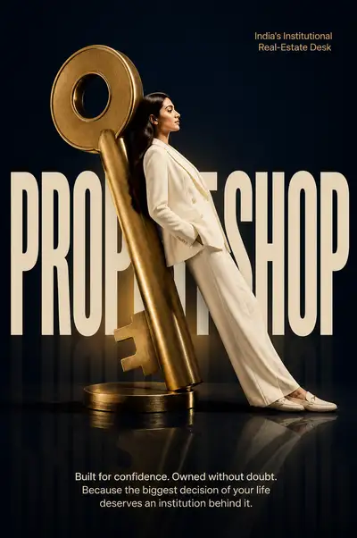 Surrealist giant key advertising poster for a real estate brand