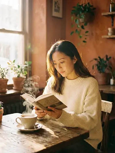Photographie lifestyle d'un café cosy à la lumière chaude du matin