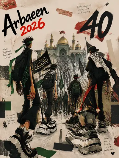 Arbaeen 2026 stylized urban art magazine poster