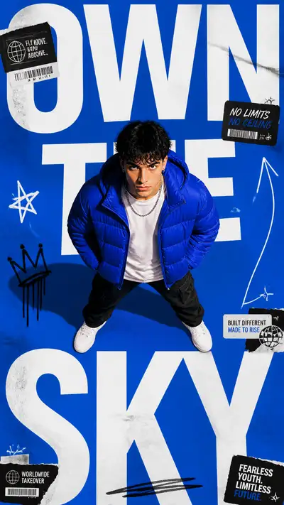 Own the Sky centered overhead streetwear poster prompt