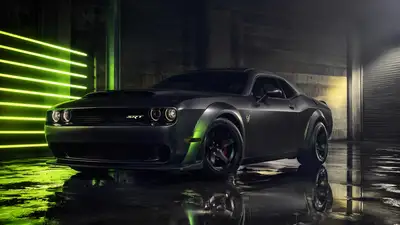 Cinematic studio shot of a Dodge Challenger SRT Demon with acid green lighting