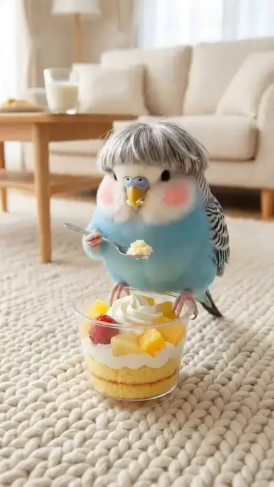 Cute Budgie Eating Dessert Gets Cheek Pokes