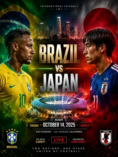Sports promo poster of Brazil vs Japan players with stadium light show