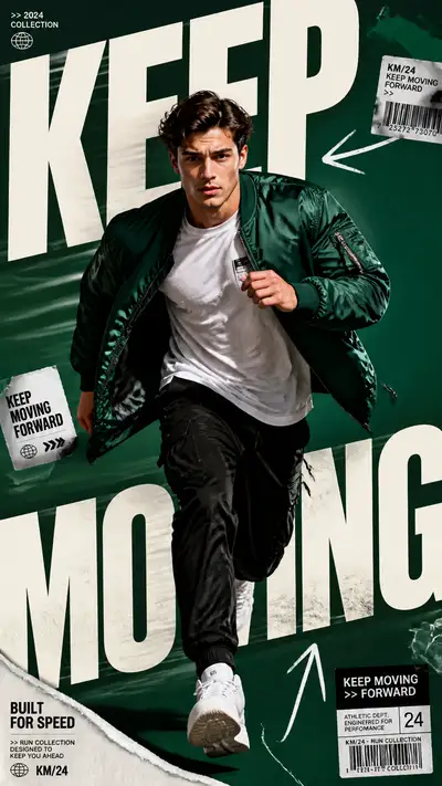 Keep Moving emerald sprint fashion campaign poster prompt