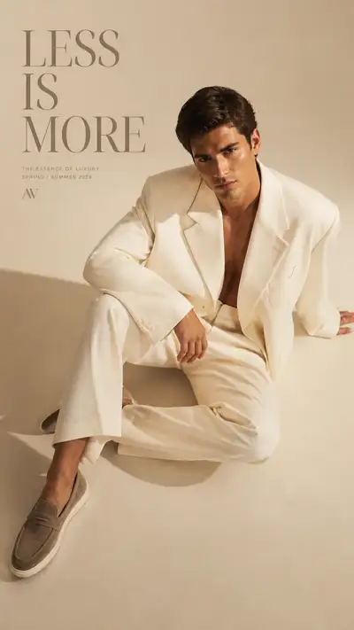 Minimalist ivory suit editorial with a floor-sitting pose