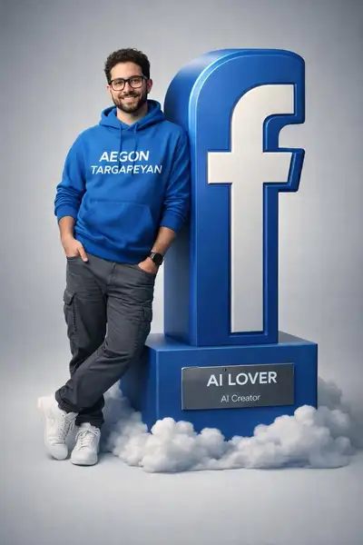De pé ao lado de um monumento colossal de logo 3D de marca, JSON