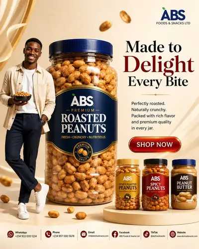 Premium roasted peanuts jar advertisement with FMCG branding