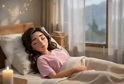 Rainy morning awakening scene in a cozy bedroom