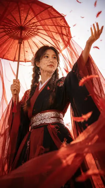 Eastern Noble Cinematic Portrait with Red Parasol