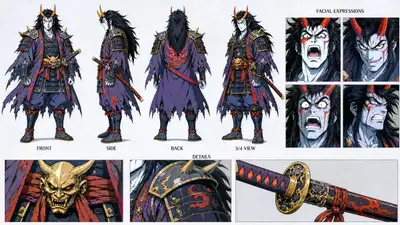 Folha de personagem de samurai demônio de anime dos anos 80