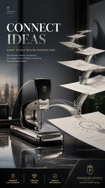 Premium office stapler ad with silver bridge staples
