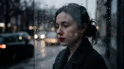 Moody noir portrait of a woman behind water-streaked glass