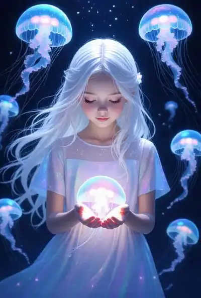 Ethereal Girl with Jellyfish in Dark Void