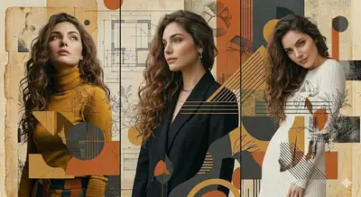 Three-panel fashion collage with mixed-media background