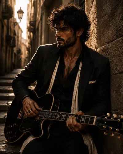Rockstar-style cinematic portrait with a guitar in a European alley