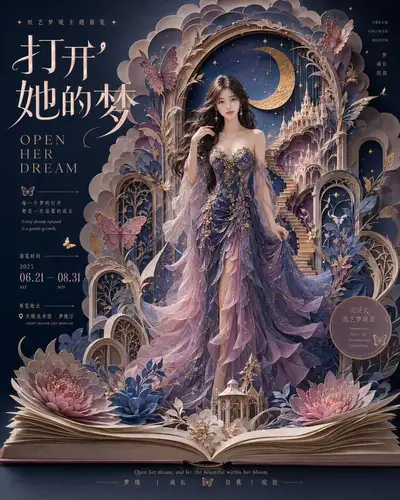 Fantasy paper art exhibition poster titled Open Her Dream