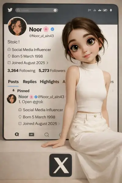 浮遊するXプロフィールスクリーンショットの前に立つ3Dピクサー風アバター
