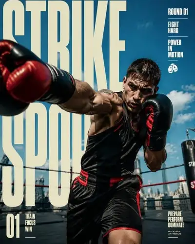 STRIKE SPORT boxing action poster with bold cream typography