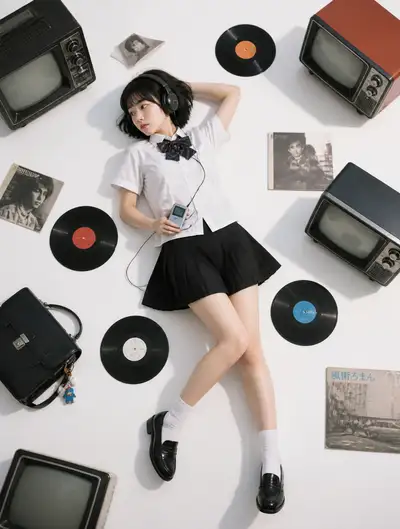 Top-Down Nostalgic Scene of Japanese Schoolgirl with Vinyl Records