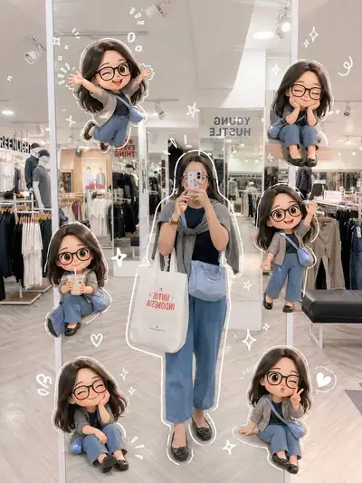 Selfie no espelho com clones chibi brincalhões em miniatura