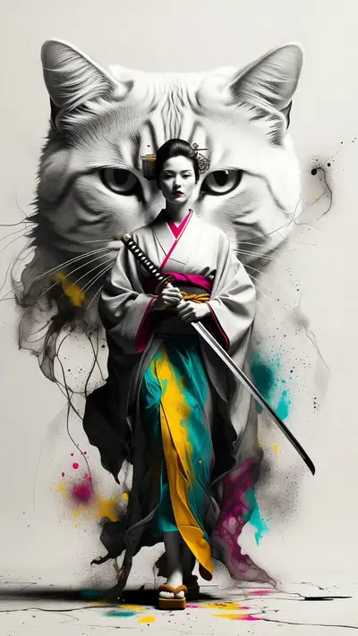 High-Fashion Editorial Geisha with Color Accents