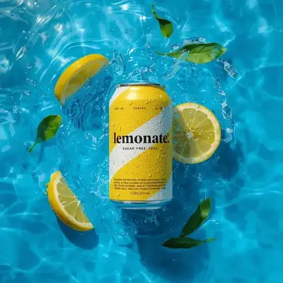 Soda can floating in splashing blue water, studio product video