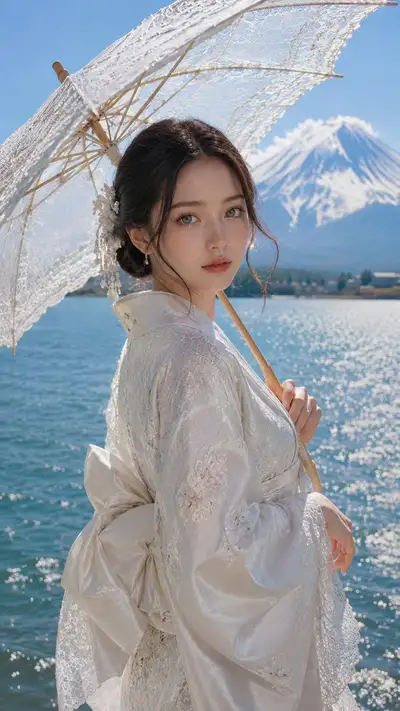 Kimono-Porträt am See mit Fuji-Kulisse