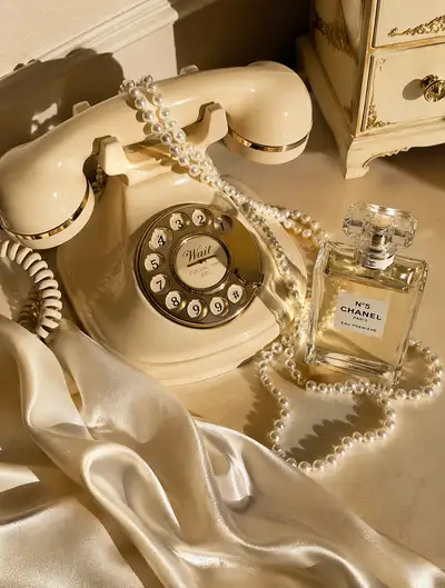 Vintage Chanel perfume and pearls still life photo