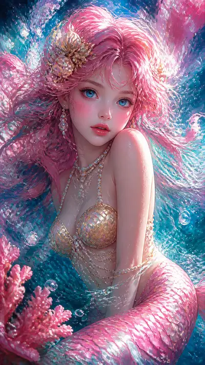 Fantasy mermaid oil-painting portrait with pearl accents
