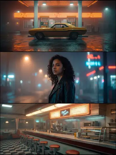 Retro synthwave triptych: muscle car, portrait, diner