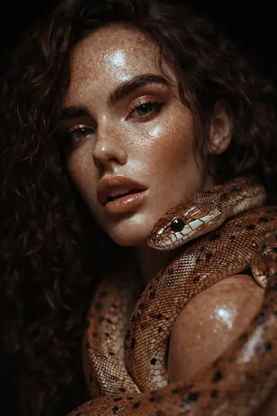 Retrato editorial brillante con serpiente alrededor del cuello