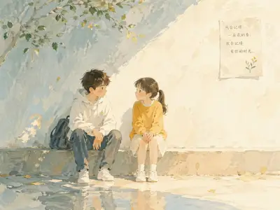 Poetic watercolor children's book illustration of two kids talking