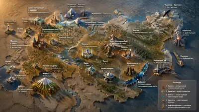 Russia Relief Map With 3D Landmark Icons