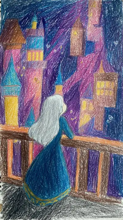 Silver-haired girl gazing at magical castles