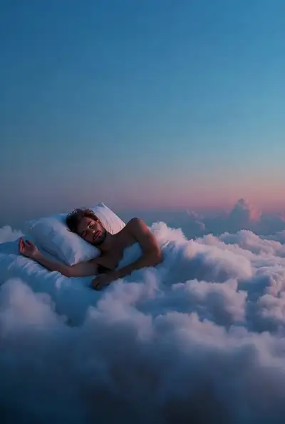 Man Sleeping on Cloud Bed in Surreal Sky