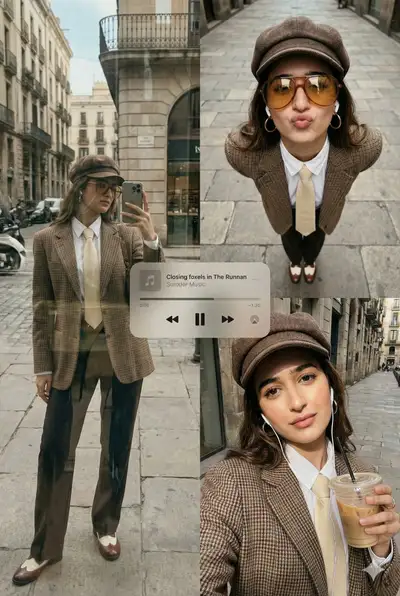 Urban fashion collage with a floating music player overlay