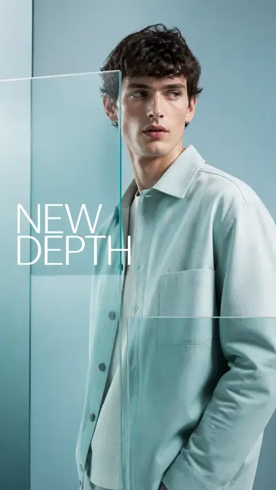 Cyan menswear portrait with layered acrylic panels prompt