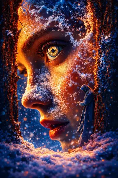 Surreales Fantasy-Porträt: Eine Frau taucht aus einem gefrorenen Wald auf