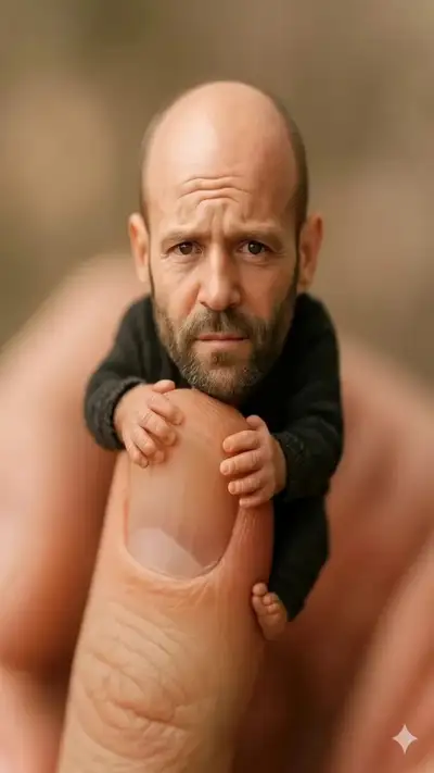 Miniature Man Clinging to Thumb Macro Photo